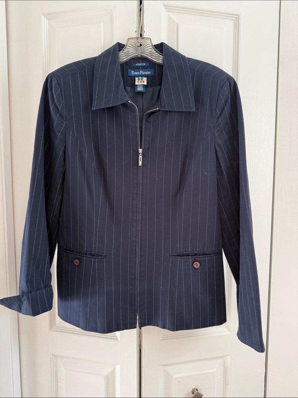 Evan Picone Stretch Navy Pinstripe Zip-Front Blazer
